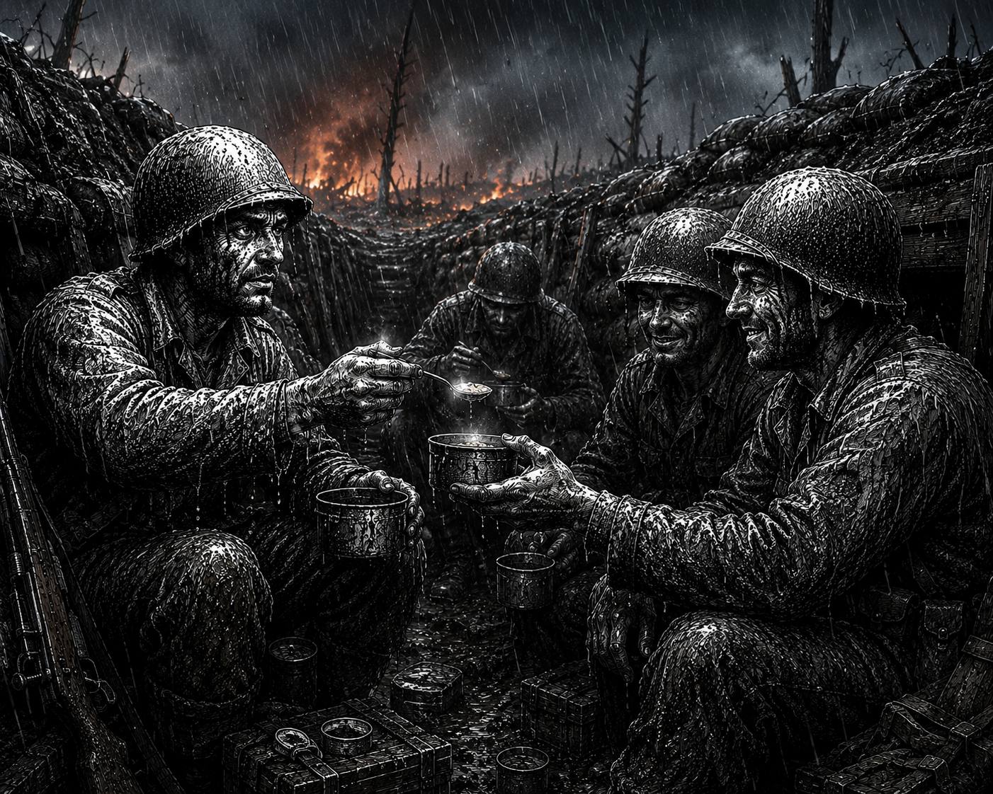 Trenchcoin soldiers sharing food in a trench under rain
